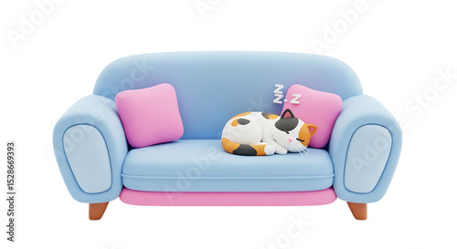 A calico cat sleeping peacefully on a blue couch with pink pillows and zzz symbols above it on transparent background