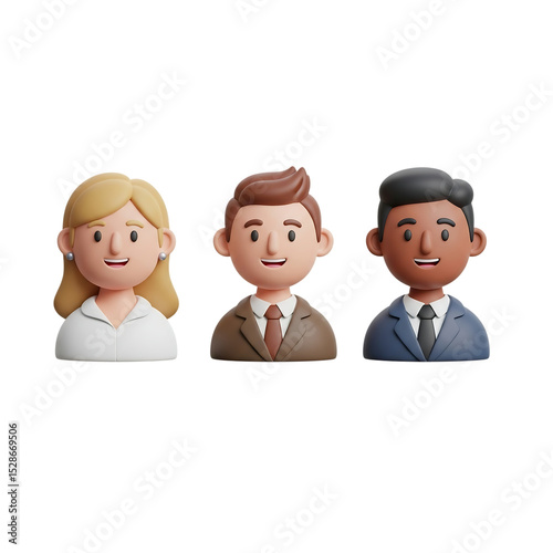 Three cartoon business professionals posing together in a row wearing suits and ties smiling on transparent background