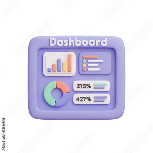 Illustrated dashboard interface with graphs and percentages in a purple frame design element on transparent background