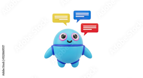A cheerful blue robot with speech bubbles above its head representing communication and conversation on transparent background
