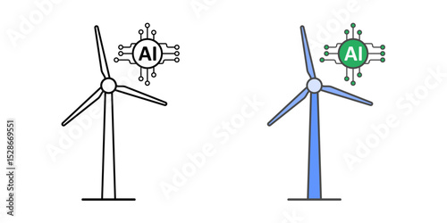 AI-powered wind turbine icon in outline and color styles, symbolizing smart renewable energy generation and intelligent wind power optimization.