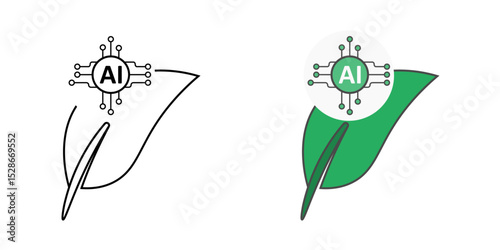 AI chip inside green leaf icon in outline and color styles, representing eco-friendly artificial intelligence, green innovation, and sustainable smart technology.