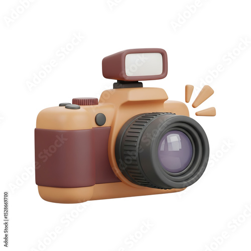 Rendered image showcasing a stylized camera with flash and lens flare effect in a cartoonish style on transparent background
