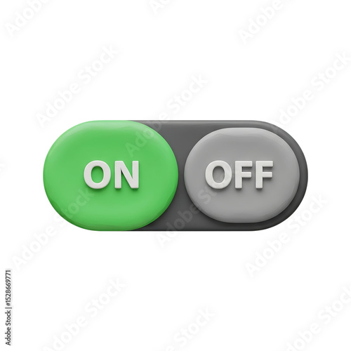 A toggle switch with the left side green and labeled on and the right side gray and labeled off on transparent background