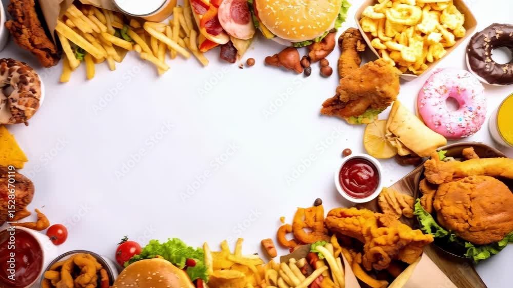 Overhead shot of assorted delicious fast foods creating a frame on a white surface. Fried chicken, burgers, donuts and more.