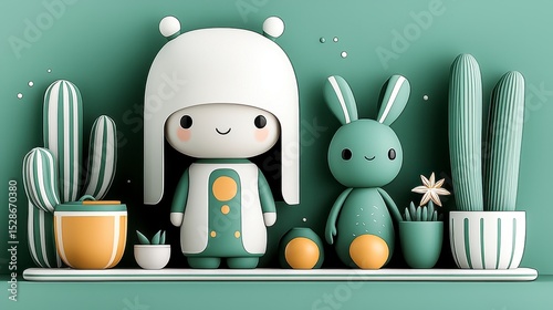 Cute Girl Figurine with Bunny and Cacti on Shelf 3D Render in Pastel Green