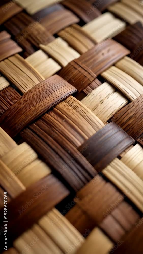 Close-up of an intricate woven wicker basket pattern with alternating natural light and dark brown wood strips.