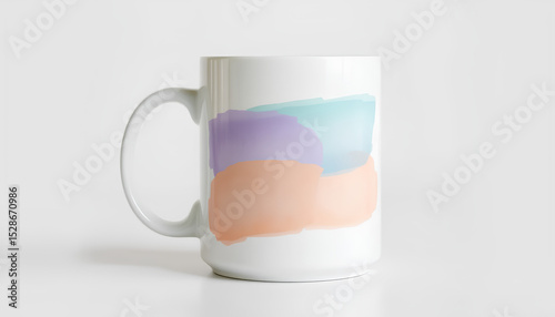 Abstract watercolor brushstroke pattern on a glossy white mug, soft pastel tones like lavender, mint, and peach 2