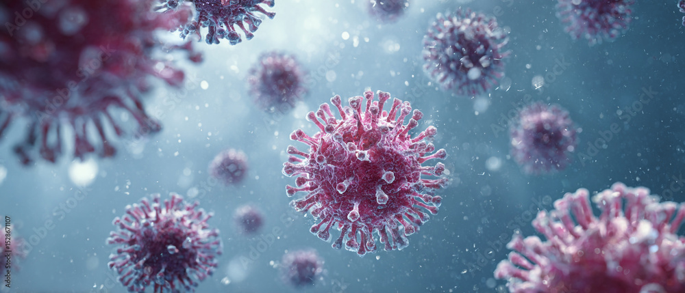Obraz premium Close up view of several pink viruses floating in a blue liquid with small particles surrounding them