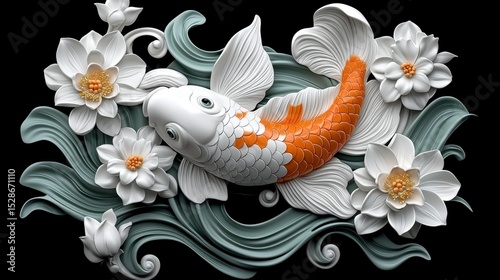Sculptural Koi Fish with White Flowers and Grey Water