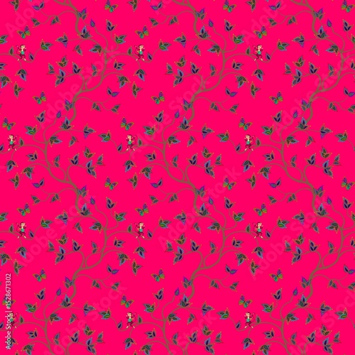 Cute funny monkeys on branches of fairy trees on a raspberry background seamless summer pattern. Beautiful seamless natural print for fabric.