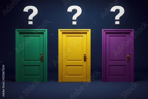 suggesting a mysterious or puzzling scenario, doors with question marks above them, set against a dark background, Three colorful doors with question marks above them,set a dark background

