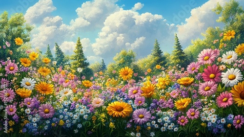 Colorful flower field stretches towards a pine forest under a vibrant sky.  A profusion of daisies, sunflowers, and other wildflowers bloom in a riot of color