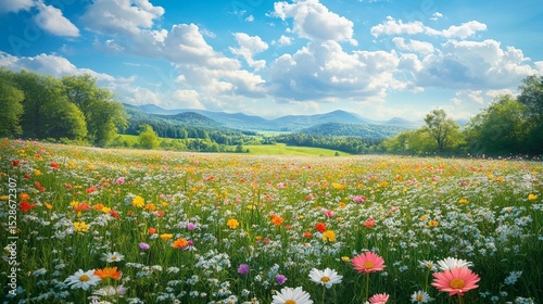 Colorful meadow flowers bloom in a valley with rolling hills and a clear blue sky. Lush greenery, vibrant blossoms, and a breathtaking landscape