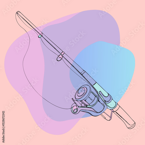 A line art fishing rod and reel with pastel color washes, suitable for blogs/websites about fishing, hobbies, or outdoor activities.