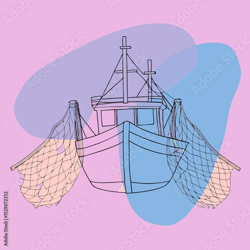minimalist illustration of a fishing boat with nets, ideal for websites or blogs about fishing, marine life, or nautical themes.