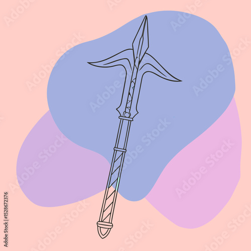 Spear,harpoon or trident style line art with pastel color blurs suitable for blogs/sites about fantasy, mythology or history.