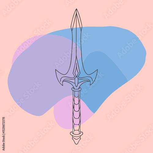 Spear,harpoon or trident style line art with pastel color blurs suitable for blogs/sites about fantasy, mythology or history.