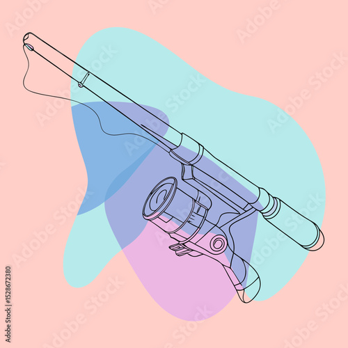 A line art fishing rod and reel with pastel color washes, suitable for blogs/websites about fishing, hobbies, or outdoor activities.