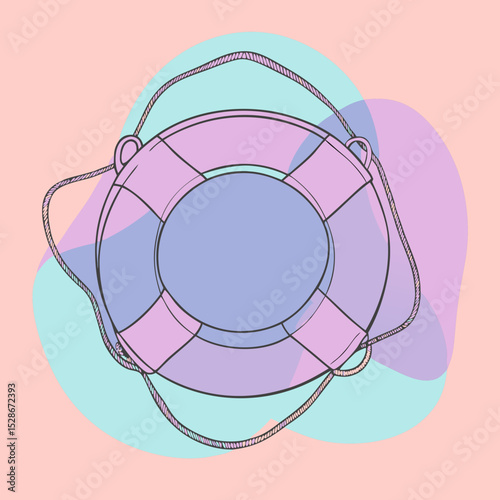 outline of a lifebuoy or life preserver with rope, against abstract blue and pink shapes. Ideal for websites/blogs about safety, rescue, water sports, summer, or maritime assistance.