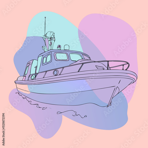 outline of a motorboat or powerboat, featuring cabin and railings, against abstract pink and blue shapes. Ideal for websites/blogs about boating, marine travel, recreation, water sports, or summer 