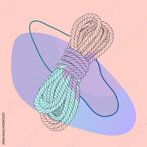 Illustration of a coiled rope on a pastel abstract background. Ideal for blogs or websites on climbing, camping, safety equipment, outdoor gear, or minimalistic design and lifestyle themes.