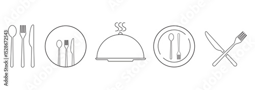 Spoon fork, knife, and plate icon. Cutlery icon set in line and flat style. Dinnerware icon symbol in the circle. Restaurant and Catering icon set sign and symbol. Vector illustration.