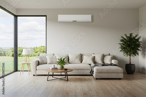 a wooden coffee table, Energy efficient air conditioner with fresh natural in a modern living room, A modern minimalist living room with a large window overlooking a green landscape, a sectional sofa
