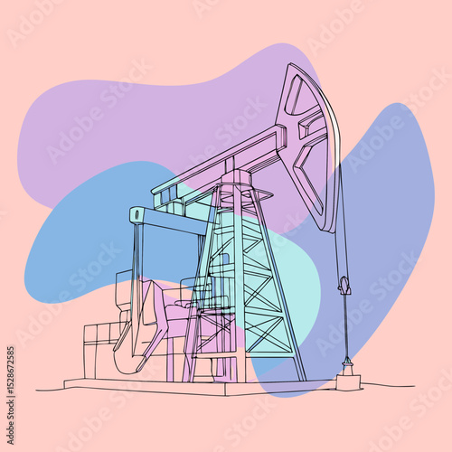 outlined offshore oil rig against abstract pastel shapes, suitable for energy, industry, or marine engineering themes for topics on oil, gas, or ocean resources