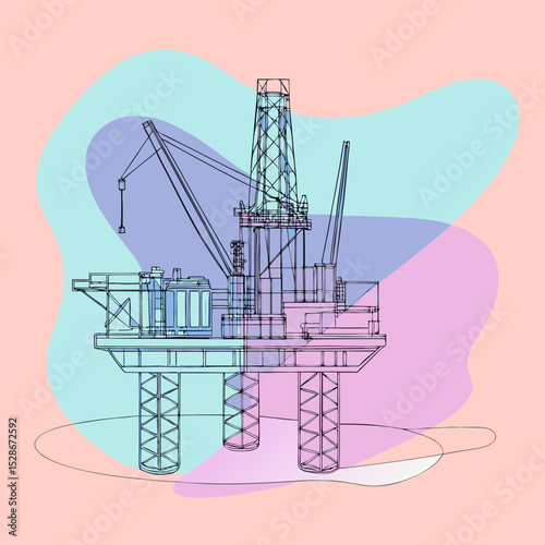 outlined offshore oil rig against abstract pastel shapes, suitable for energy, industry, or marine engineering themes for topics on oil, gas, or ocean resources