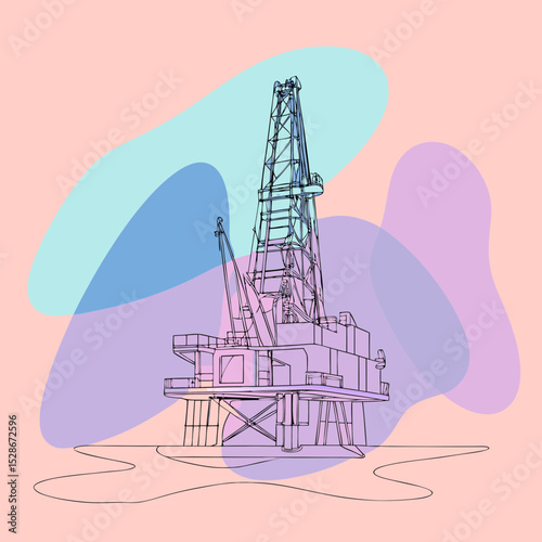 outlined offshore oil rig against abstract pastel shapes, suitable for energy, industry, or marine engineering themes for topics on oil, gas, or ocean resources