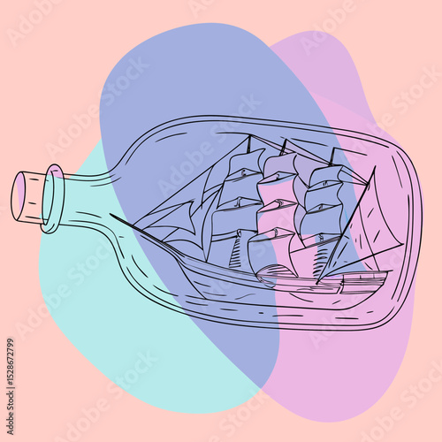 A detailed line art illustration of a ship in a bottle with pastel color washes, perfect for blogs on maritime history, hobbies, or nautical decor.