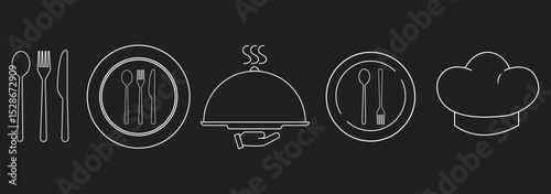 Spoon fork, knife, and plate icon. Cutlery icon set in line and flat style. Dinnerware icon symbol in the circle. Restaurant and Catering icon set sign and symbol. Vector illustration.