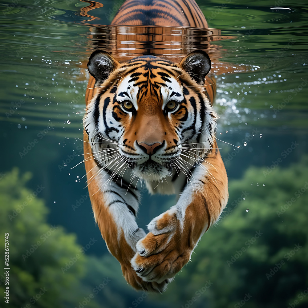 Majestic tiger swimming underwater in lush green environment Majestic tiger swimming underwater in lush green environment