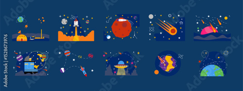 Outer space and astronaut illustration set. Flat vector illustration concept.