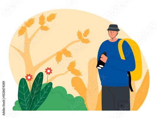 Man Standing looking for a good place to do bird watching. Bird watch illustration. Flat vector illustration.