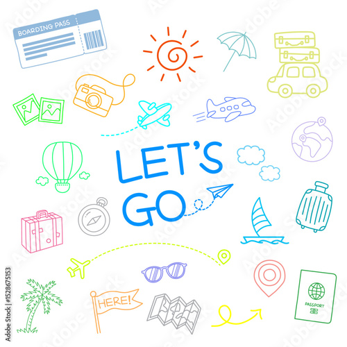 Colorful Hand Drawn Travel and Vacation Doodle Line Art Icons Set. Let's Go Travel Vector Illustration. Vector design elements.