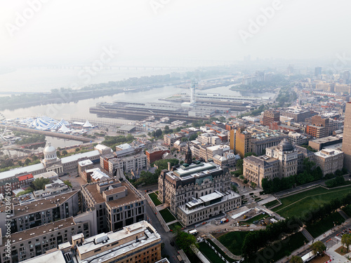 Heavy smog in Montreal downtown because of wildfire and industrial pollution, Quebec, Canada
