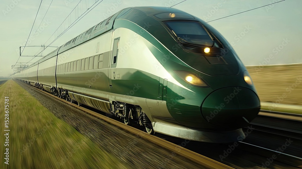 Naklejka premium High-speed train gliding swiftly through countryside.