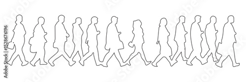 Silhouette people walking, standing, using phone, office attire, male and female poses, casual business postures, vector illustration, city crowd
