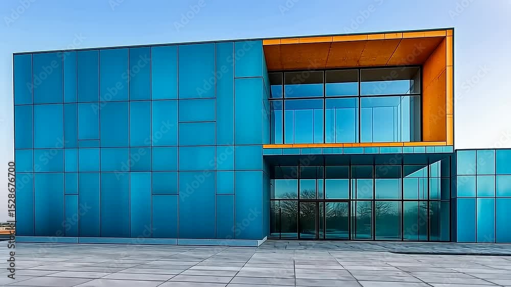 Modern architecture building featuring blue glass facade and contemporary design elements