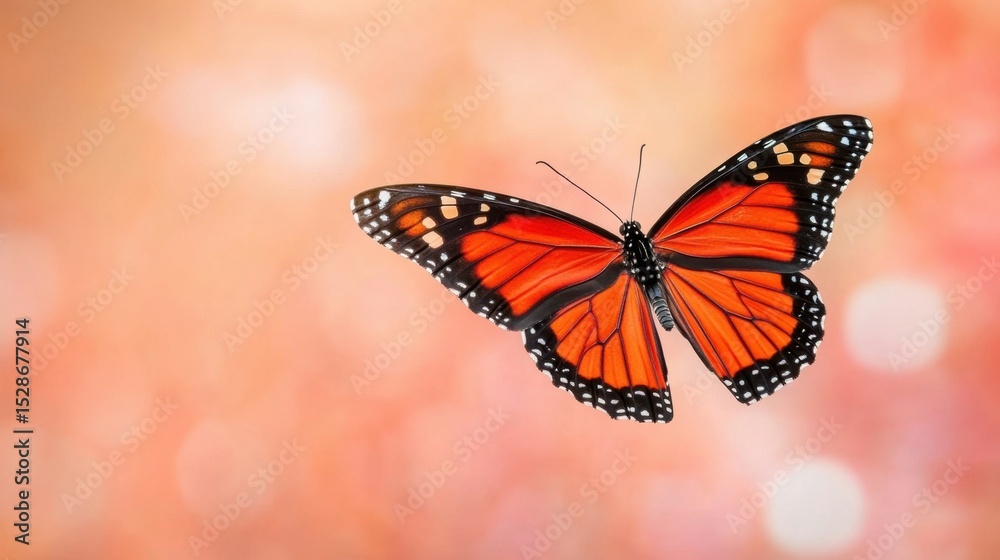 Obraz premium Monarch butterfly gracefully flying mid-air, wings open wide, soft orange glow background