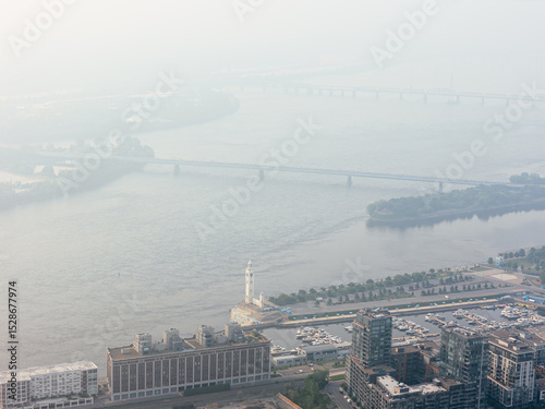 Heavy smog in Montreal downtown because of wildfire and industrial pollution, Quebec, Canada