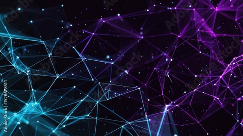 Abstract geometric AI pattern, interconnected shapes, glowing lines, digital grid, futuristic design, vibrant gradients (purple to teal), symbolizing network, complex algorithms, high-tech background.