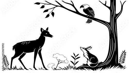 Stylized black silhouette of a deer in a forest clearing, with a fox curled beside it and an eagle perched on a high branch in the background. Simple shapes and a clean composition, bird’s-eye view ma