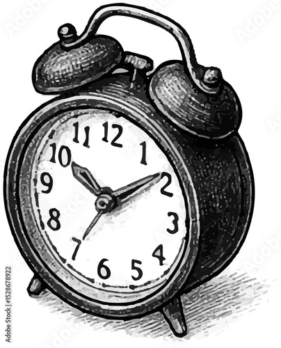 Hand-drawn alarm clock symbolizing time management, punctuality, and school routine