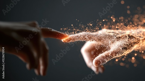 Human hand touching a glowing AI interface, digital data flowing between them, symbolizing human-AI collaboration, integration of technology background.