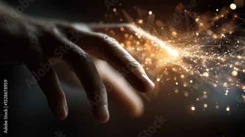 Human hand touching a glowing AI interface, digital data flowing between them, symbolizing human-AI collaboration, integration of technology background.