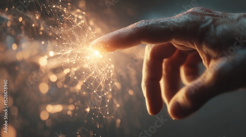 Human hand touching a glowing AI interface, digital data flowing between them, symbolizing human-AI collaboration, integration of technology background.