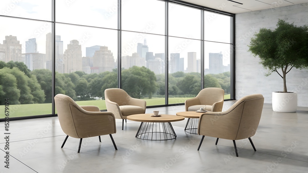 Fototapeta premium Modern beige armchairs and coffee tables in a room with city view